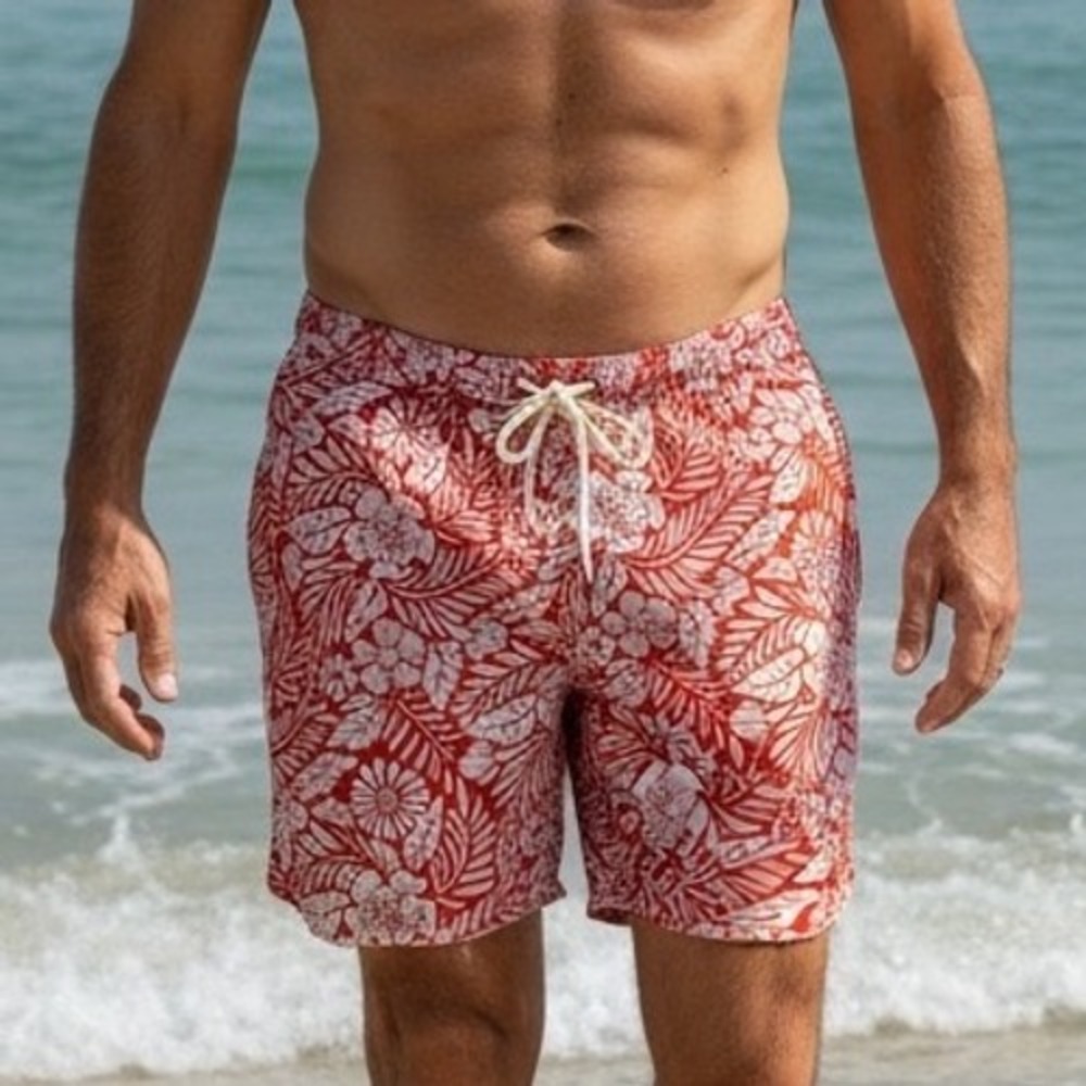 Fair Harbor Mens Red White Floral Swim Trunks BreezeKnit Liner XXXL 8in Inseam